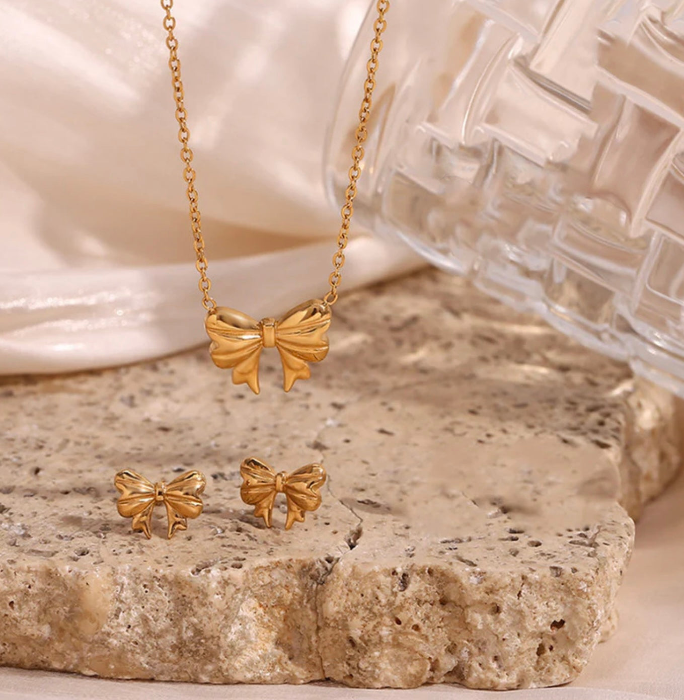 Golden Coquette Bow Set( Anti Tarnish,Waterproof)